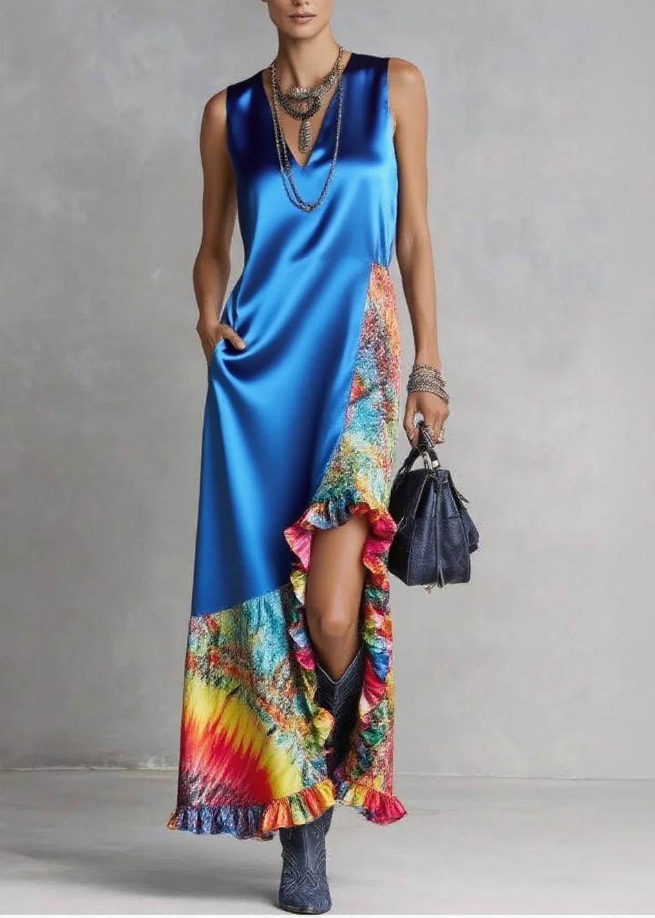 French Blue Asymmetrical Patchwork Print Silk Vacation Dress Sleeveless - Image 5