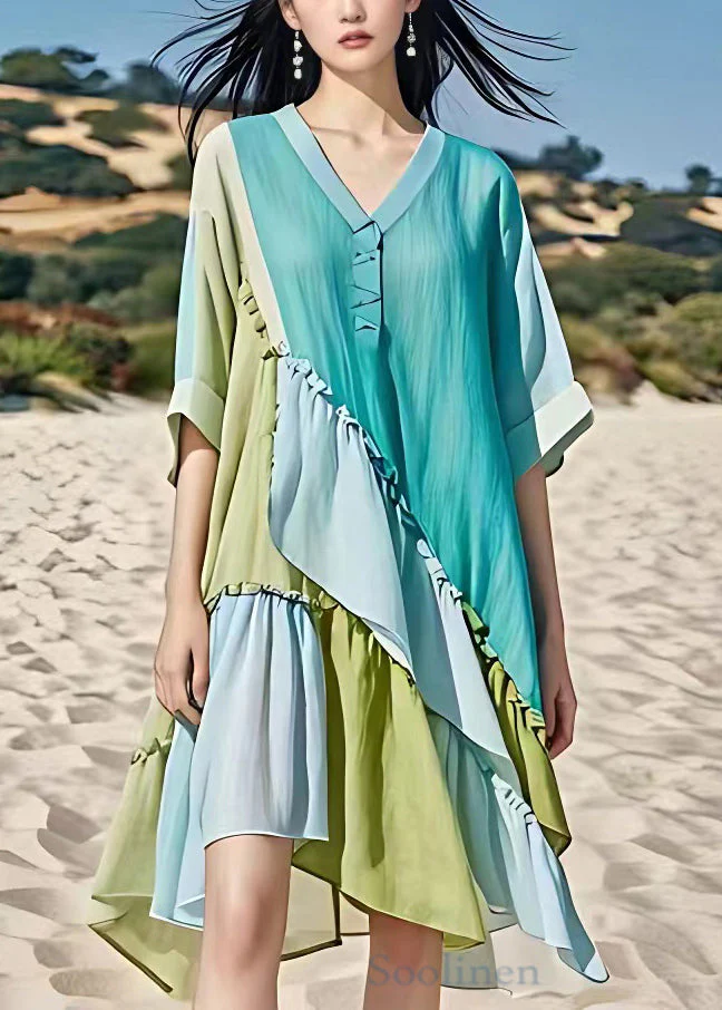 French Blue Asymmetrical Ruffled Chiffon Dress Half Sleeve - Image 2