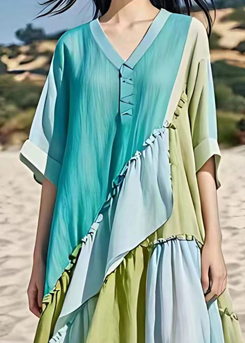 French Blue Asymmetrical Ruffled Chiffon Dress Half Sleeve - Image 3