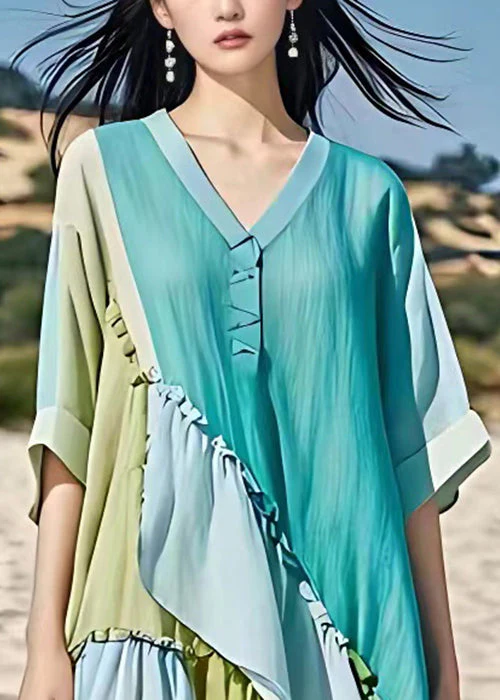 French Blue Asymmetrical Ruffled Chiffon Dress Half Sleeve - Image 4