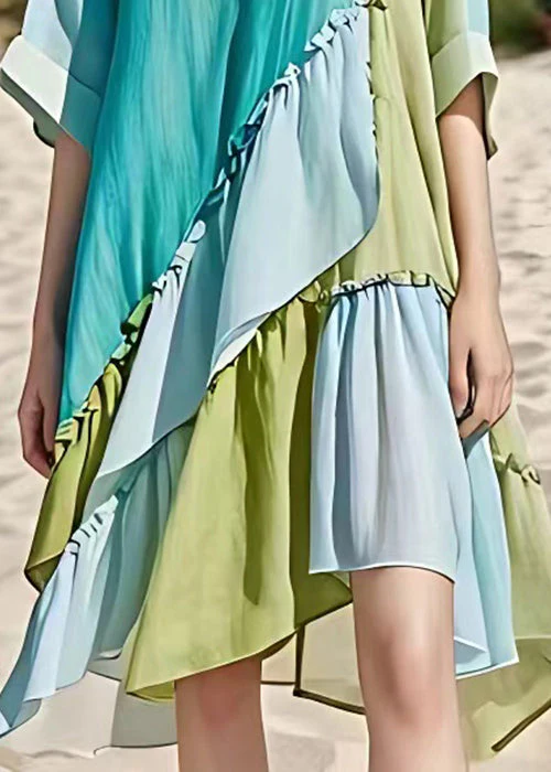 French Blue Asymmetrical Ruffled Chiffon Dress Half Sleeve - Image 5