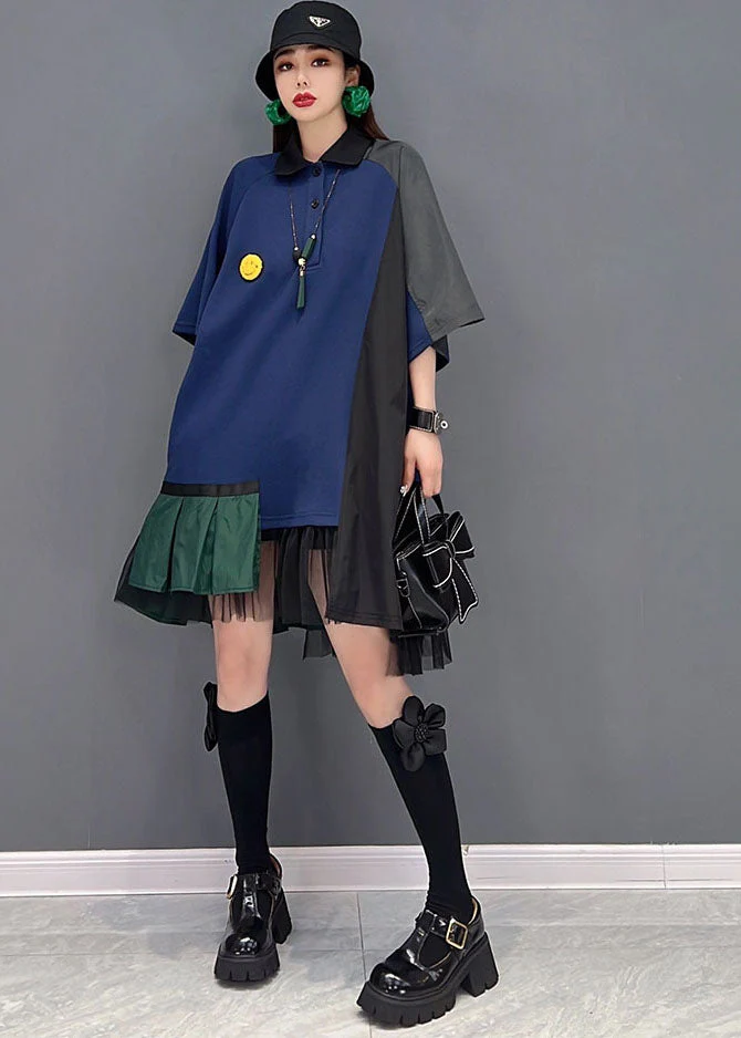 French Blue Asymmetrical Tulle Patchwork Cotton Shirt Mid Dress Short Sleeve - Image 2