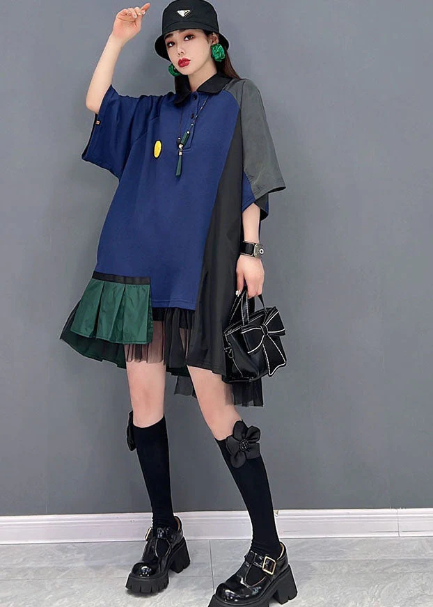 French Blue Asymmetrical Tulle Patchwork Cotton Shirt Mid Dress Short Sleeve - Image 3