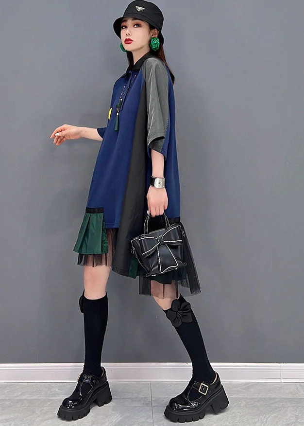 French Blue Asymmetrical Tulle Patchwork Cotton Shirt Mid Dress Short Sleeve - Image 4