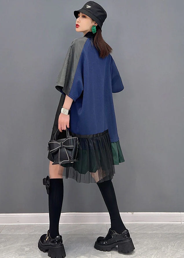 French Blue Asymmetrical Tulle Patchwork Cotton Shirt Mid Dress Short Sleeve - Image 5