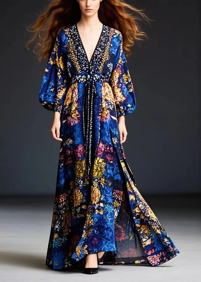 French Blue Cinched Print Cotton Robe Dresses Lantern Sleeve - Image 5