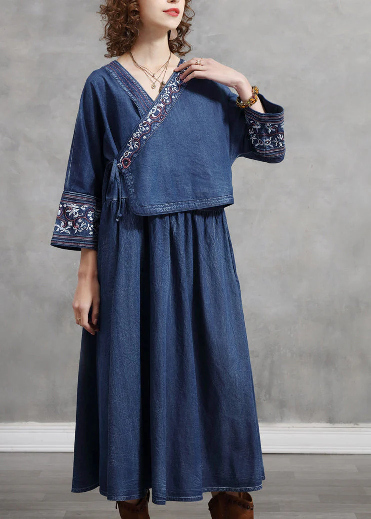 French Blue Cinched V Neck Embroideried pocket Cotton Dresses Long Sleeve - Image 2