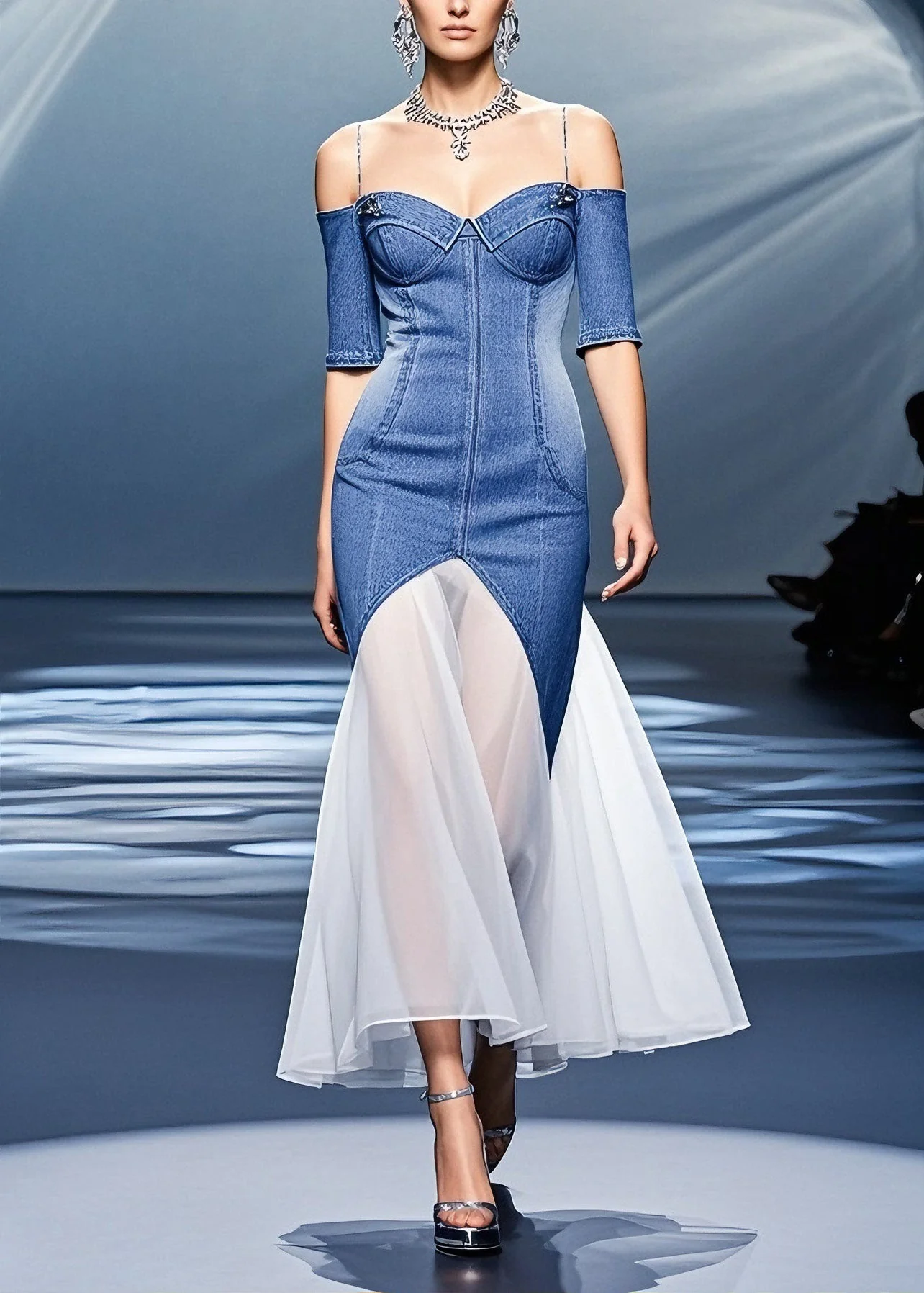 French Blue Cold Shoulder Tulle Patchwork Denim Dress Summer - Image 3