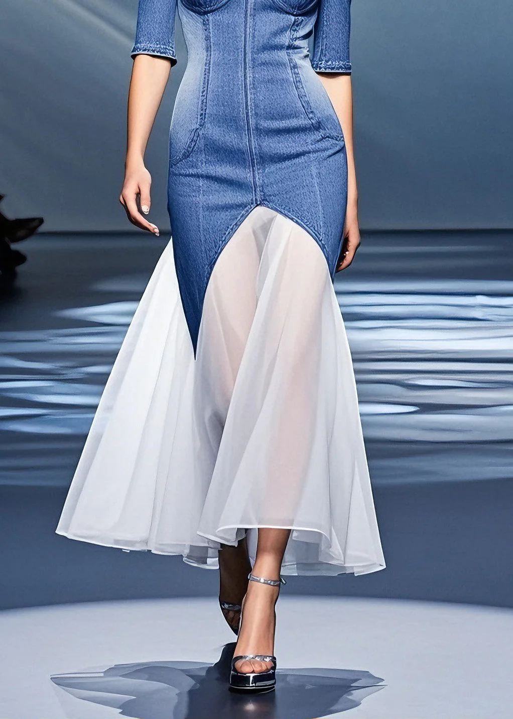French Blue Cold Shoulder Tulle Patchwork Denim Dress Summer - Image 4