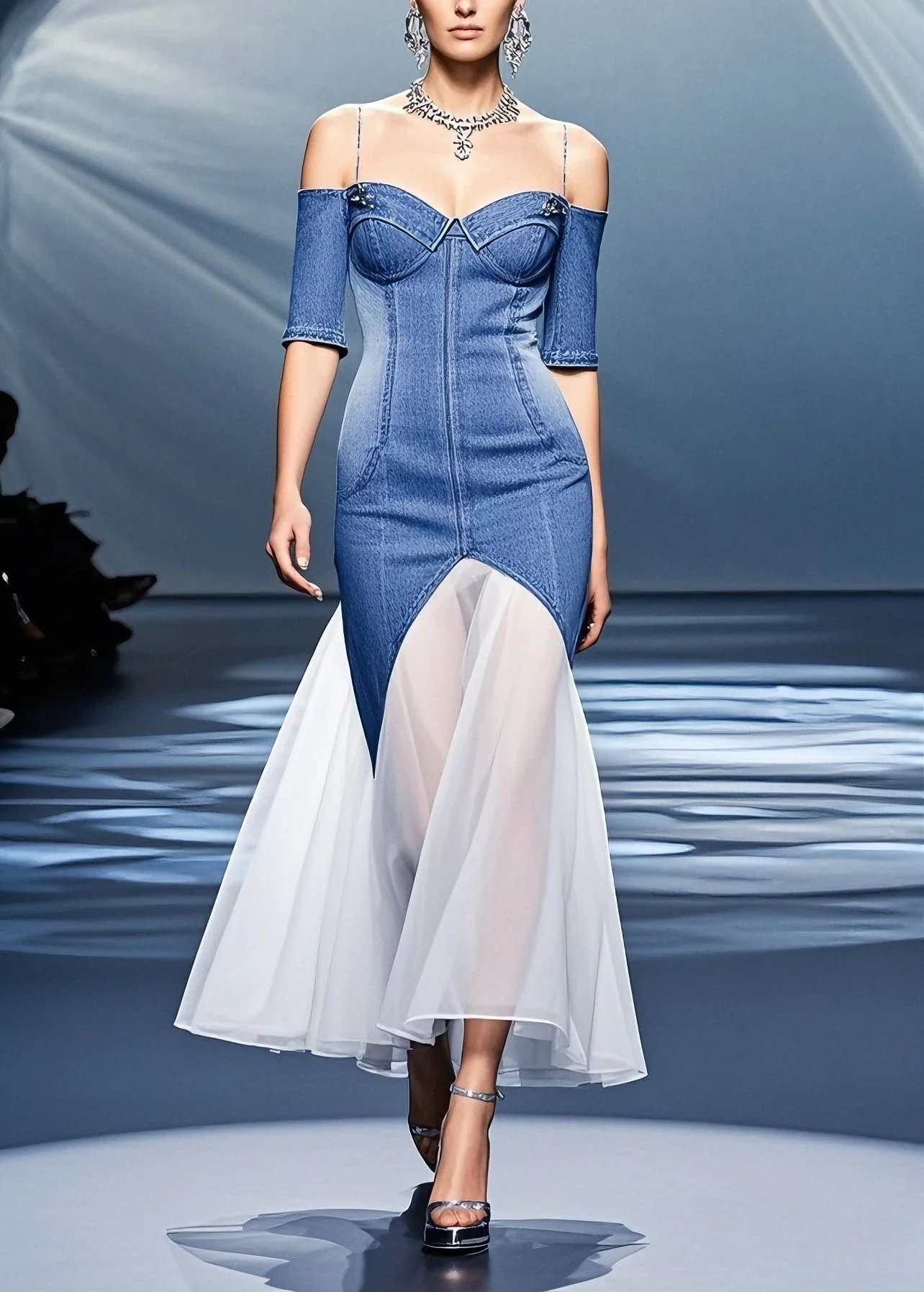 French Blue Cold Shoulder Tulle Patchwork Denim Dress Summer - Image 5