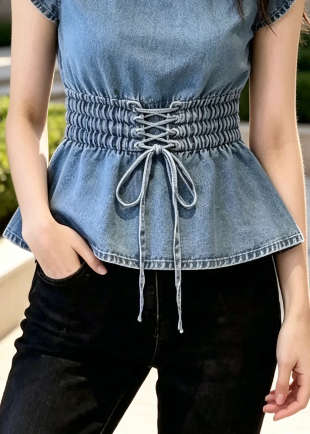 French Blue Elastic Waist Denim Shirt Summer - Image 4