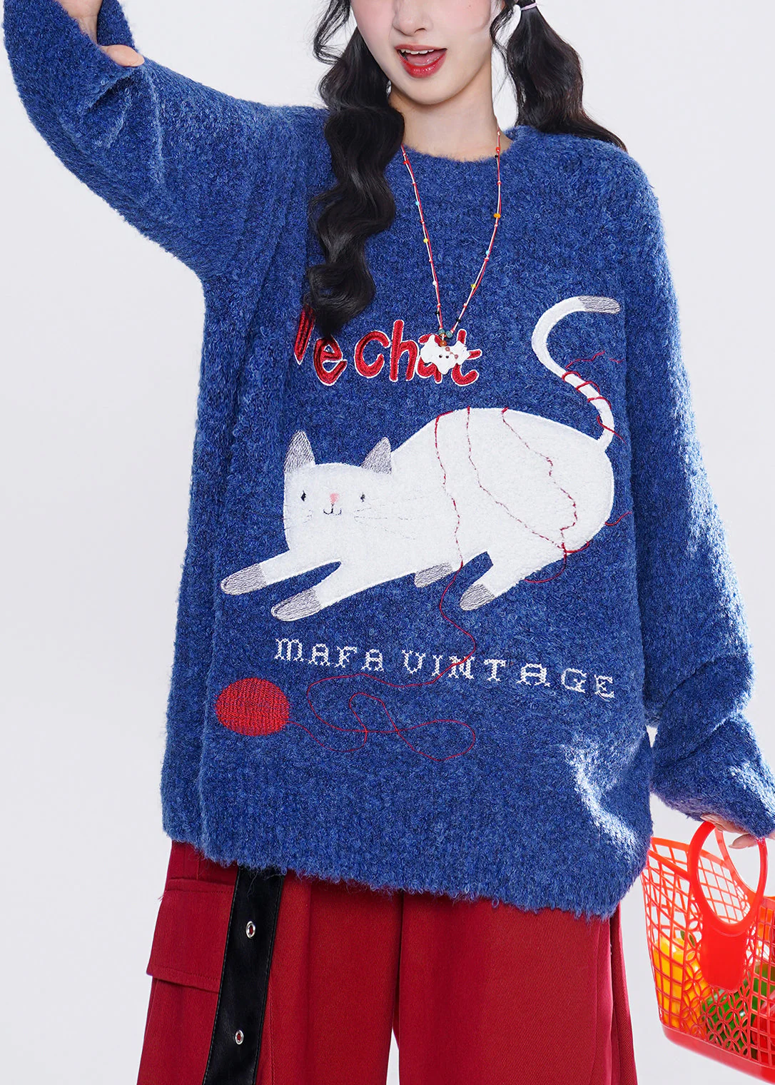 French Blue Embroidered Cute Cat Knit Tops Winter - Image 2