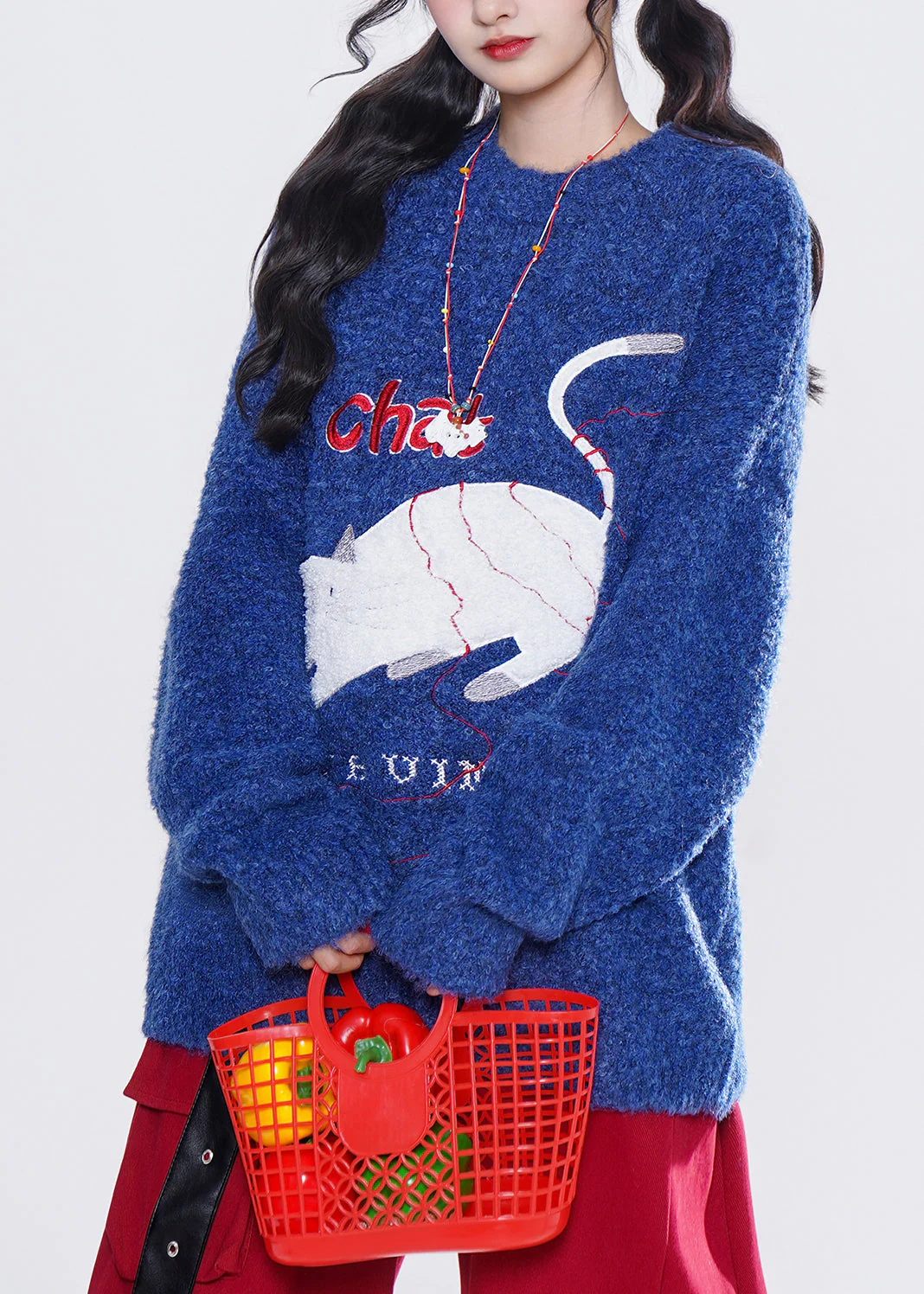 French Blue Embroidered Cute Cat Knit Tops Winter - Image 3