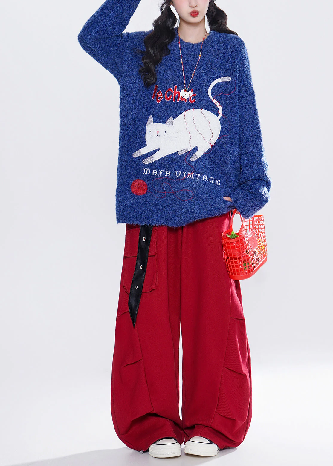 French Blue Embroidered Cute Cat Knit Tops Winter - Image 4