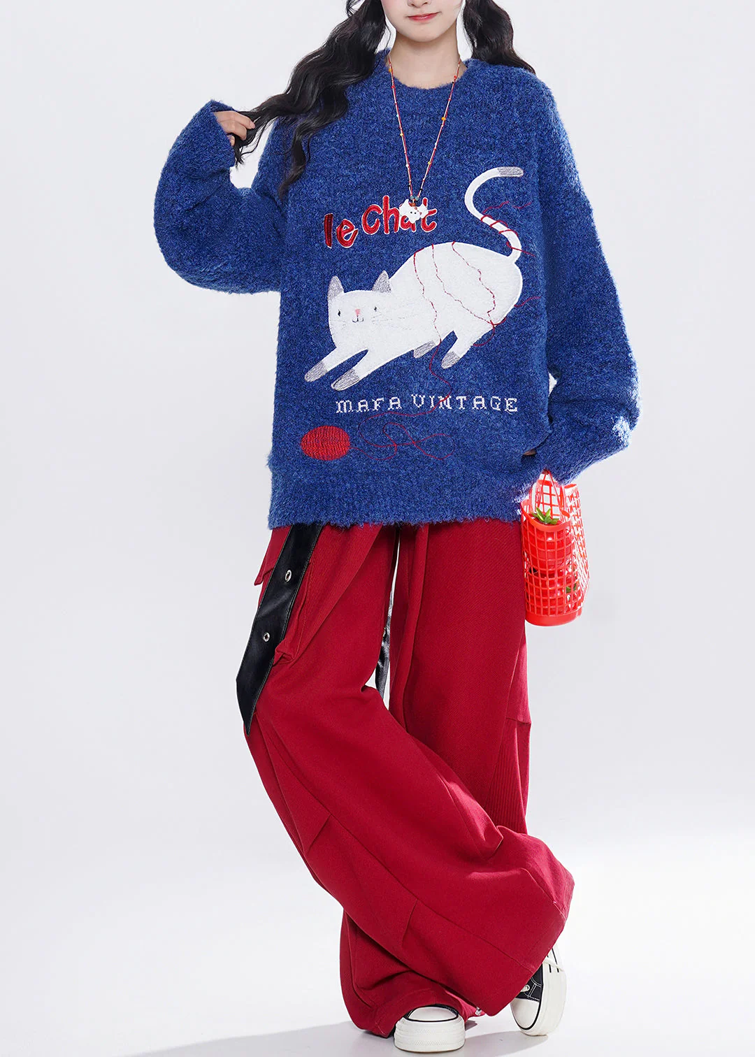French Blue Embroidered Cute Cat Knit Tops Winter - Image 5