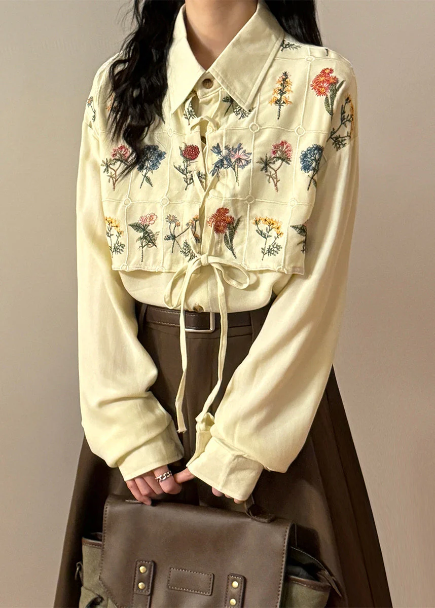 French Blue Embroidered Lace Up Cotton Blouses Spring - Image 3