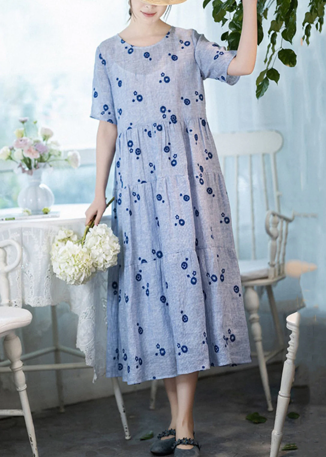 French Blue Embroidered Lace Up Pockets Linen Dress Summer - Image 2
