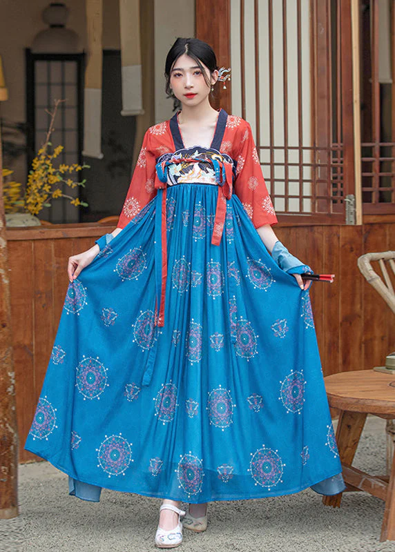 French Blue Embroideried Lace Up Wrinkled Patchwork Chiffon Maxi Dress Summer - Image 2