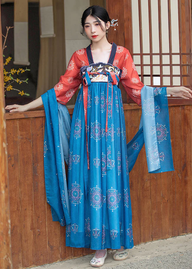 French Blue Embroideried Lace Up Wrinkled Patchwork Chiffon Maxi Dress Summer - Image 3
