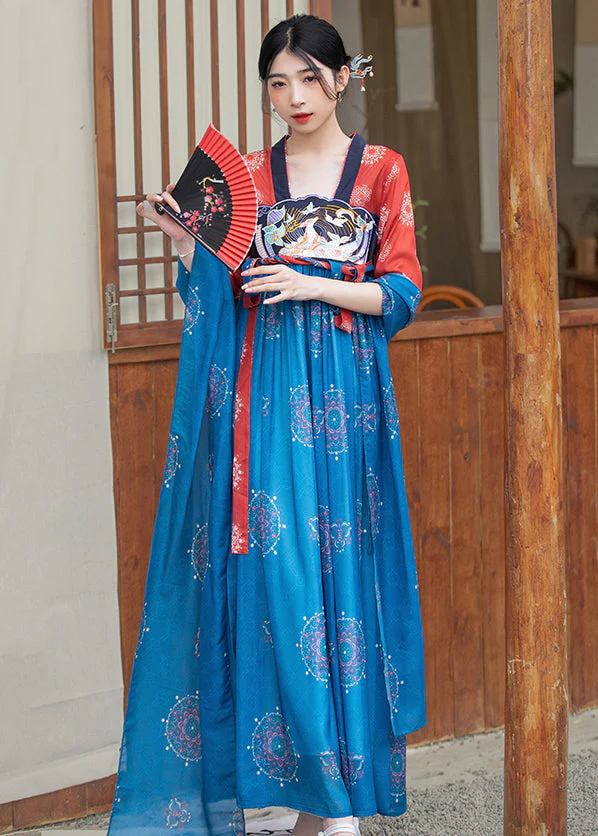 French Blue Embroideried Lace Up Wrinkled Patchwork Chiffon Maxi Dress Summer - Image 4