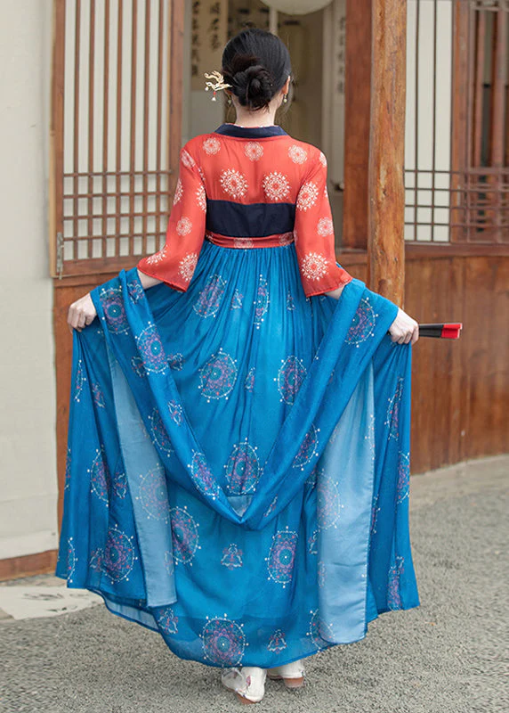 French Blue Embroideried Lace Up Wrinkled Patchwork Chiffon Maxi Dress Summer - Image 5