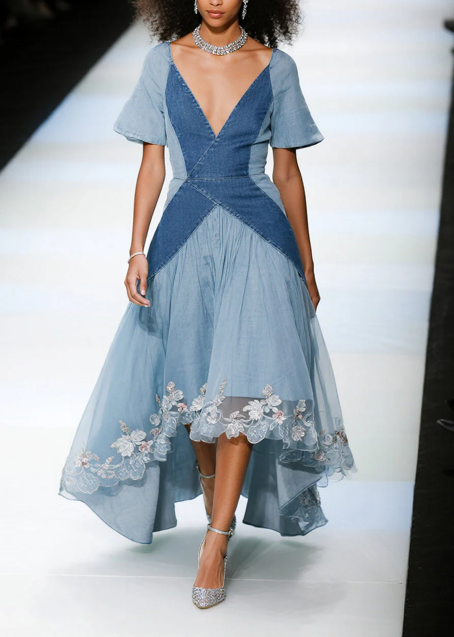 French Blue Exra Large Hem Patchwork Tulle Denim Dress Summer - Image 3