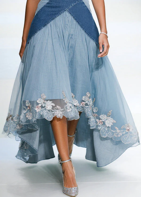 French Blue Exra Large Hem Patchwork Tulle Denim Dress Summer - Image 4
