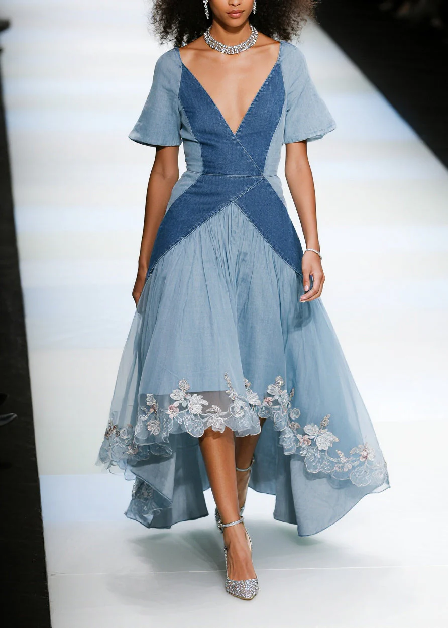 French Blue Exra Large Hem Patchwork Tulle Denim Dress Summer - Image 5