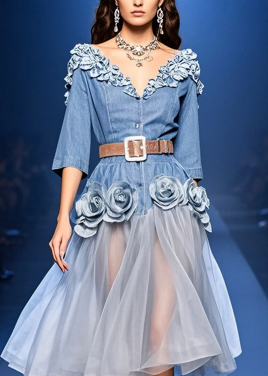 French Blue Floral Tulle Patchwork Denim Dress Summer - Image 2