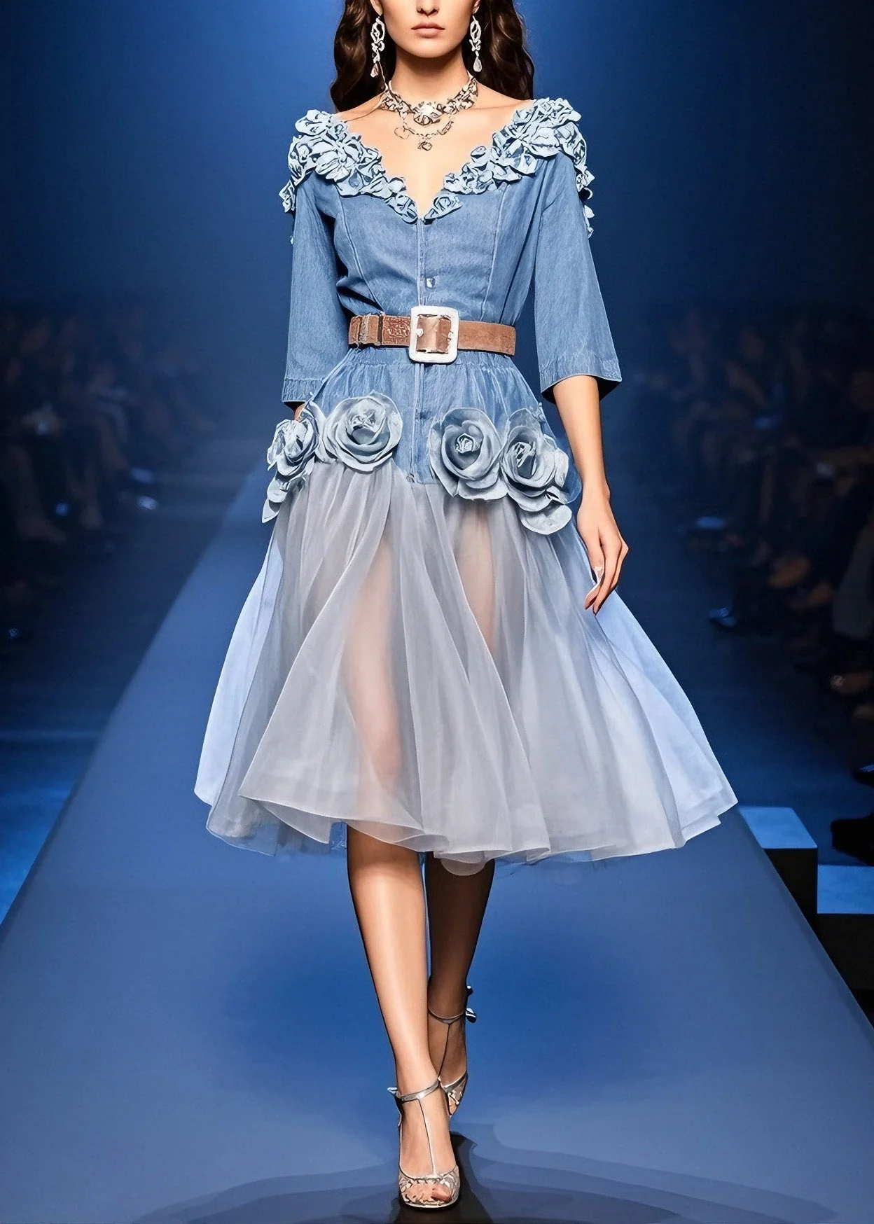 French Blue Floral Tulle Patchwork Denim Dress Summer - Image 3