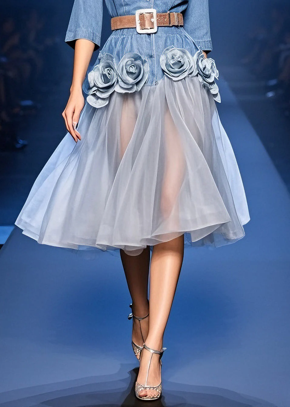 French Blue Floral Tulle Patchwork Denim Dress Summer - Image 4