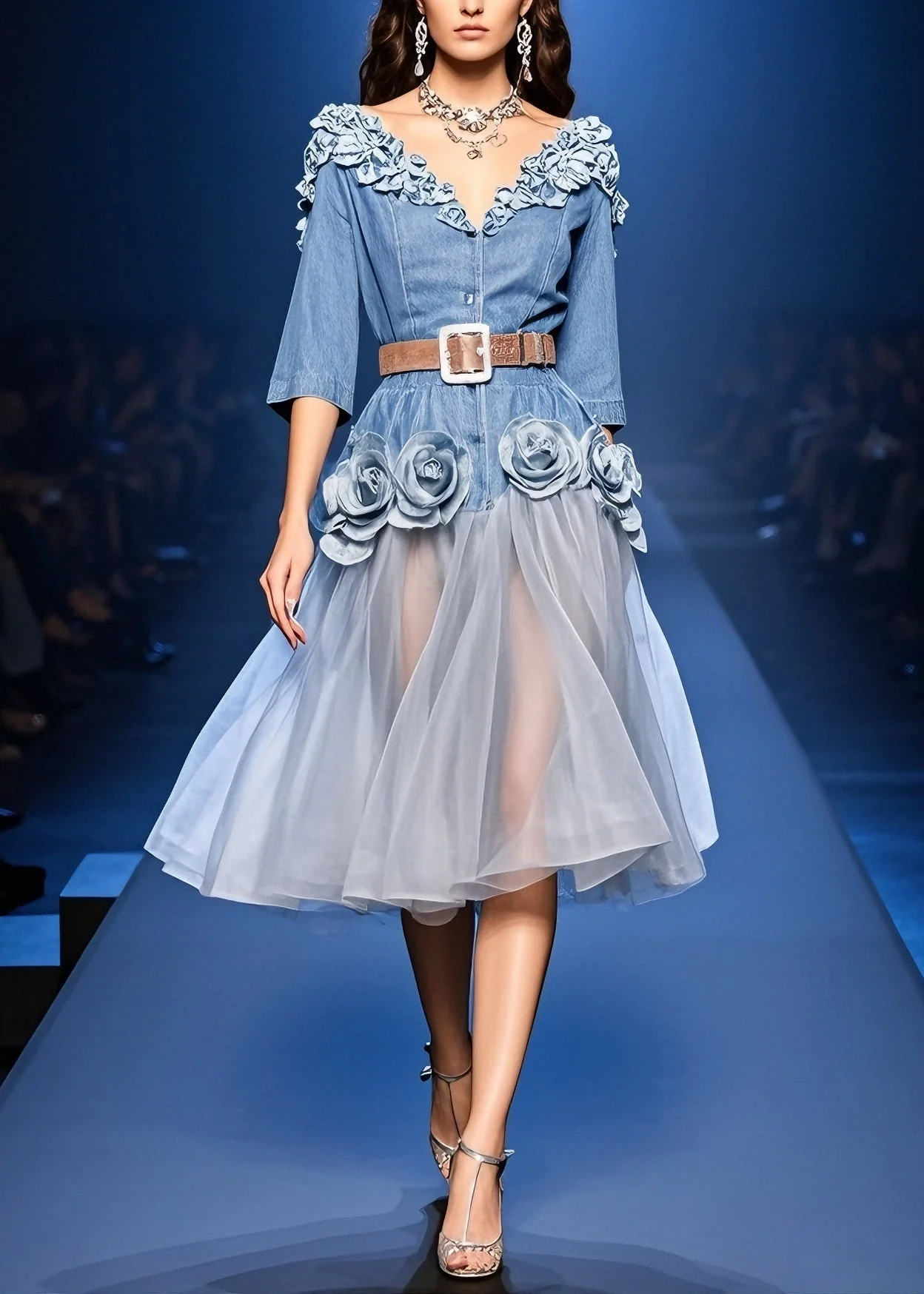 French Blue Floral Tulle Patchwork Denim Dress Summer - Image 5