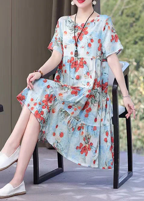 French Blue Bird print Cotton clothes o neck pockets Art summer Dresses - Image 6