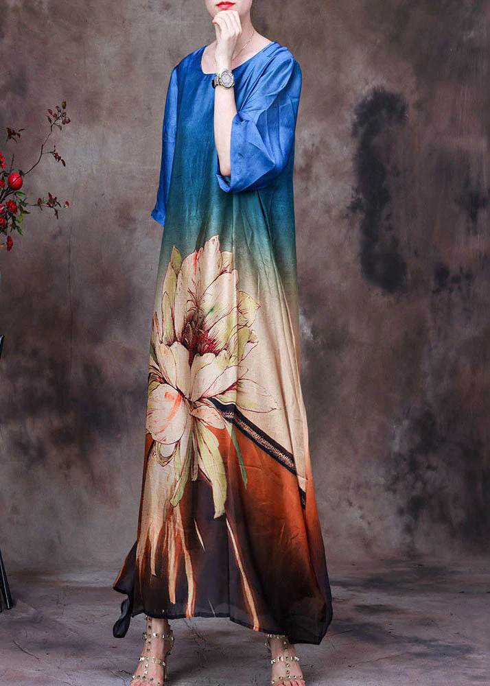 French Blue Gradient Color O-Neck Print Layered Silk Vacation Dress Half Sleeve - Image 2