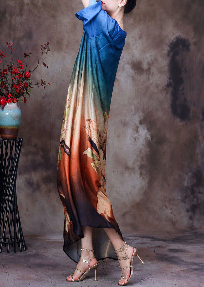 French Blue Gradient Color O-Neck Print Layered Silk Vacation Dress Half Sleeve - Image 3