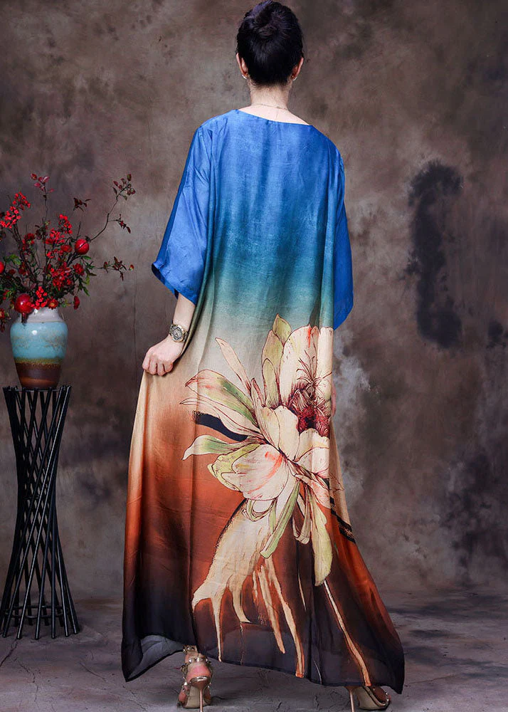 French Blue Gradient Color O-Neck Print Layered Silk Vacation Dress Half Sleeve - Image 4