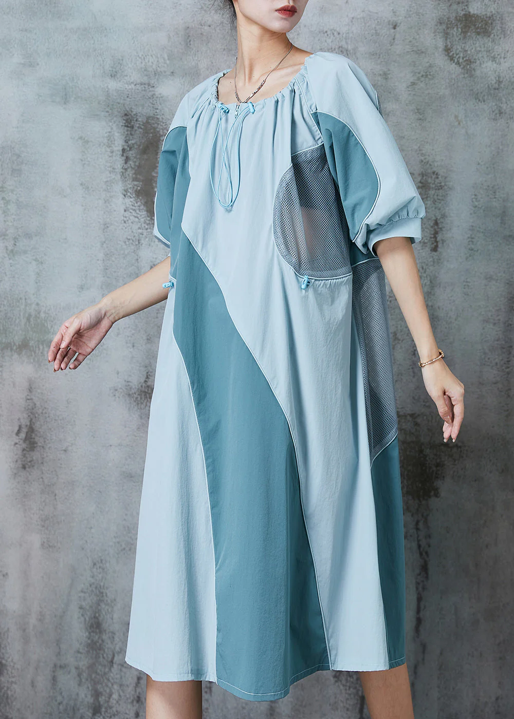 French Blue Grey Hollow Out Patchwork Cotton Maxi Dresses Summer - Image 2