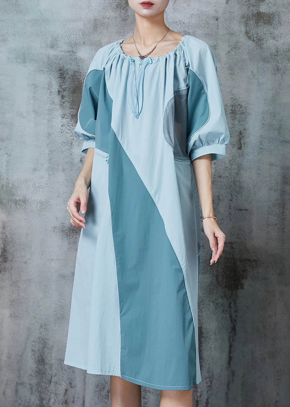 French Blue Grey Hollow Out Patchwork Cotton Maxi Dresses Summer - Image 3