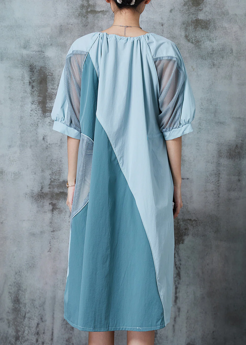 French Blue Grey Hollow Out Patchwork Cotton Maxi Dresses Summer - Image 4