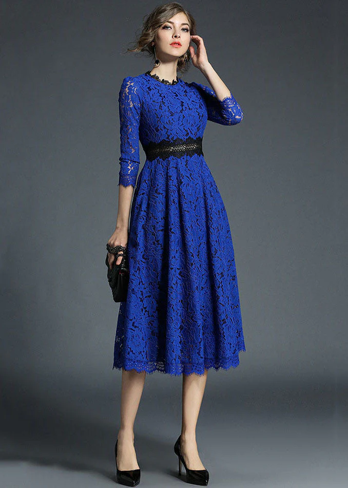 French Blue Hollow Out Embroideried Patchwork Lace Dresses Summer