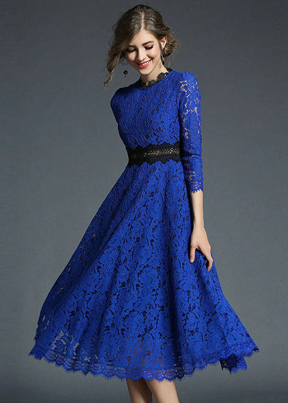 French Blue Hollow Out Embroideried Patchwork Lace Dresses Summer - Image 2
