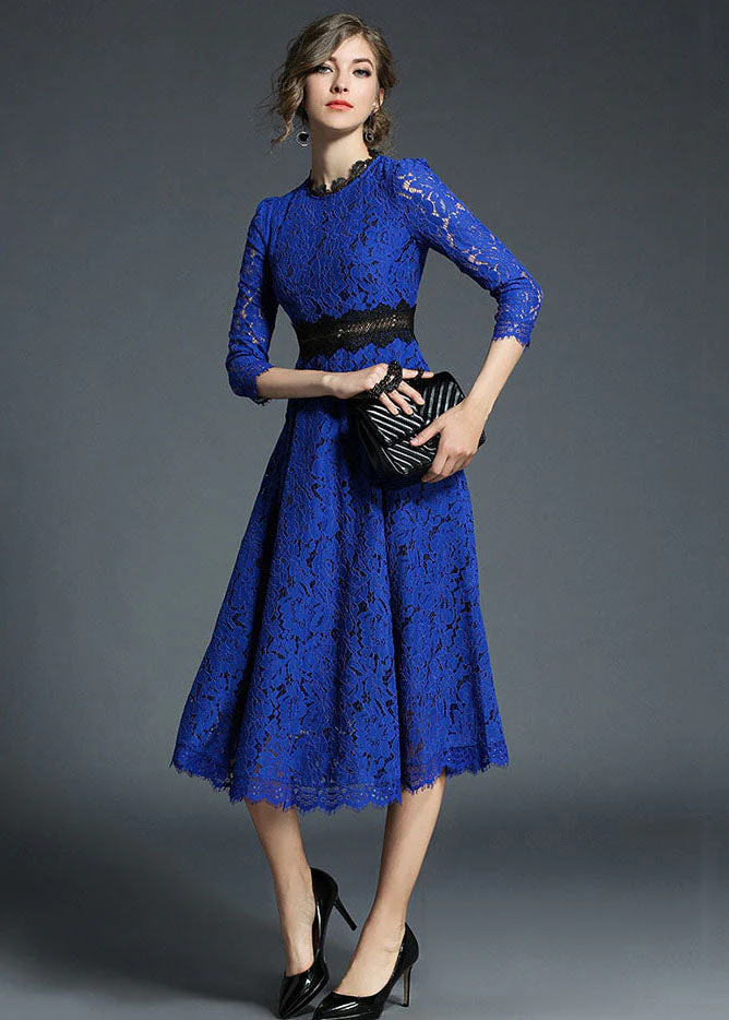 French Blue Hollow Out Embroideried Patchwork Lace Dresses Summer - Image 3