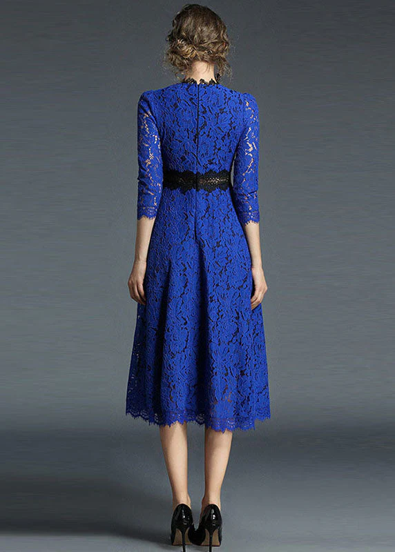 French Blue Hollow Out Embroideried Patchwork Lace Dresses Summer - Image 4