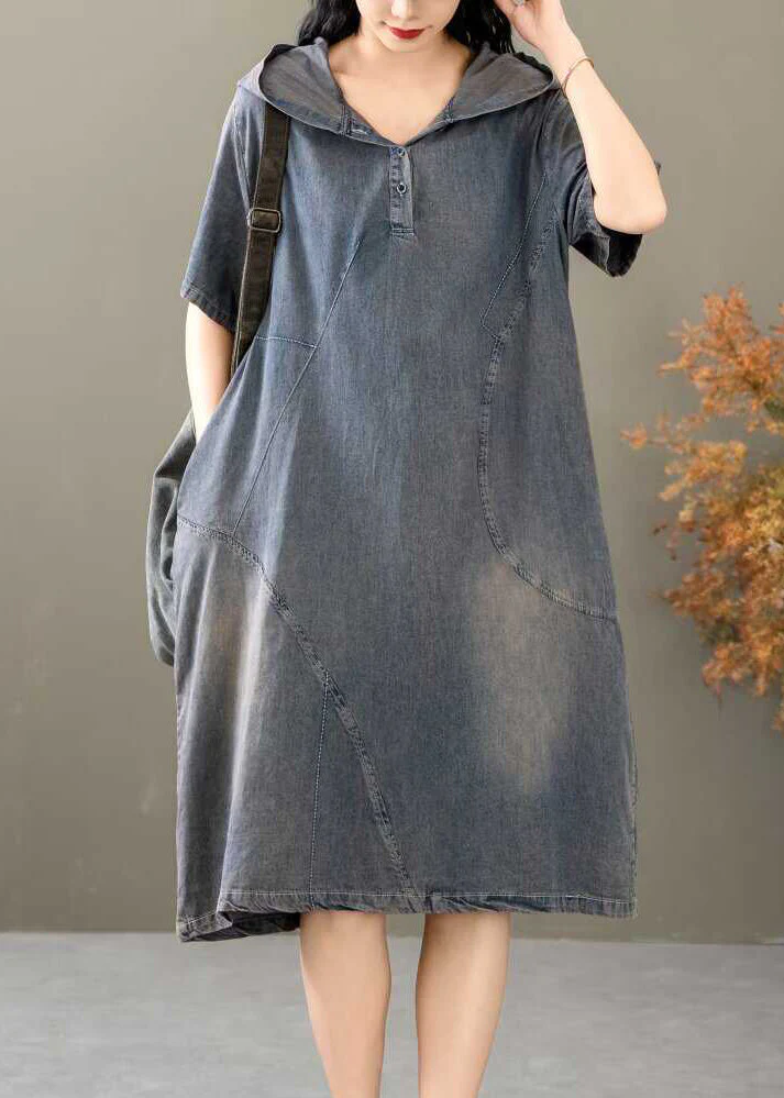 French Blue Hooded Button Denim Dresses Summer - Image 2