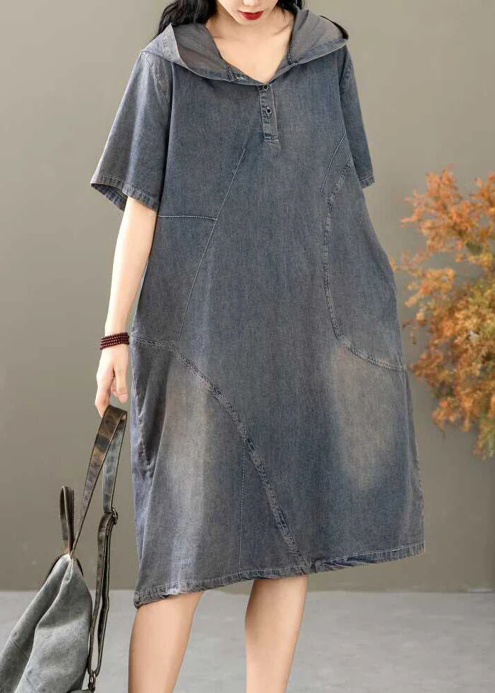 French Blue Hooded Button Denim Dresses Summer - Image 3