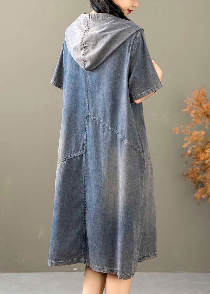 French Blue Hooded Button Denim Dresses Summer - Image 4