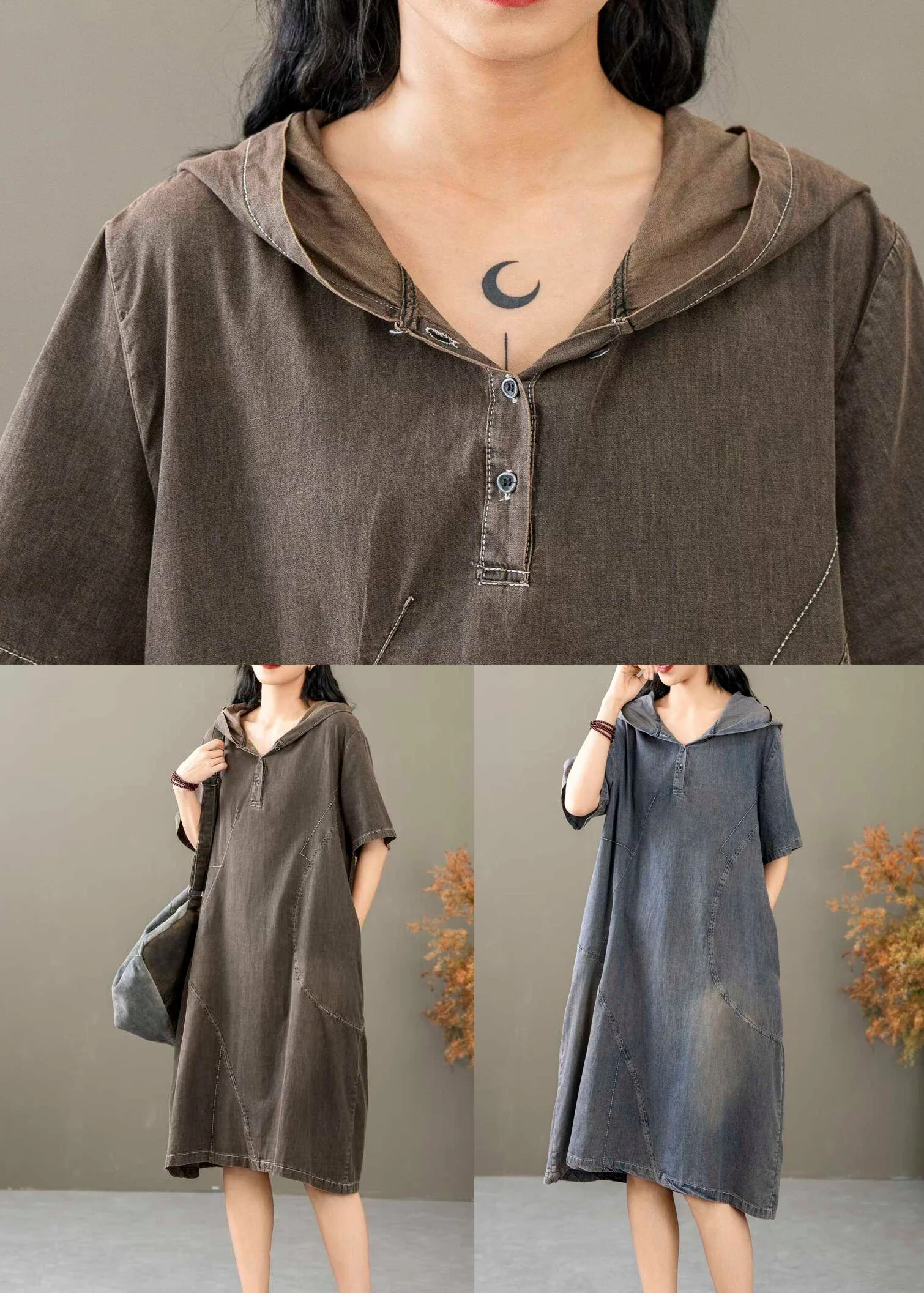 French Blue Hooded Button Denim Dresses Summer - Image 5
