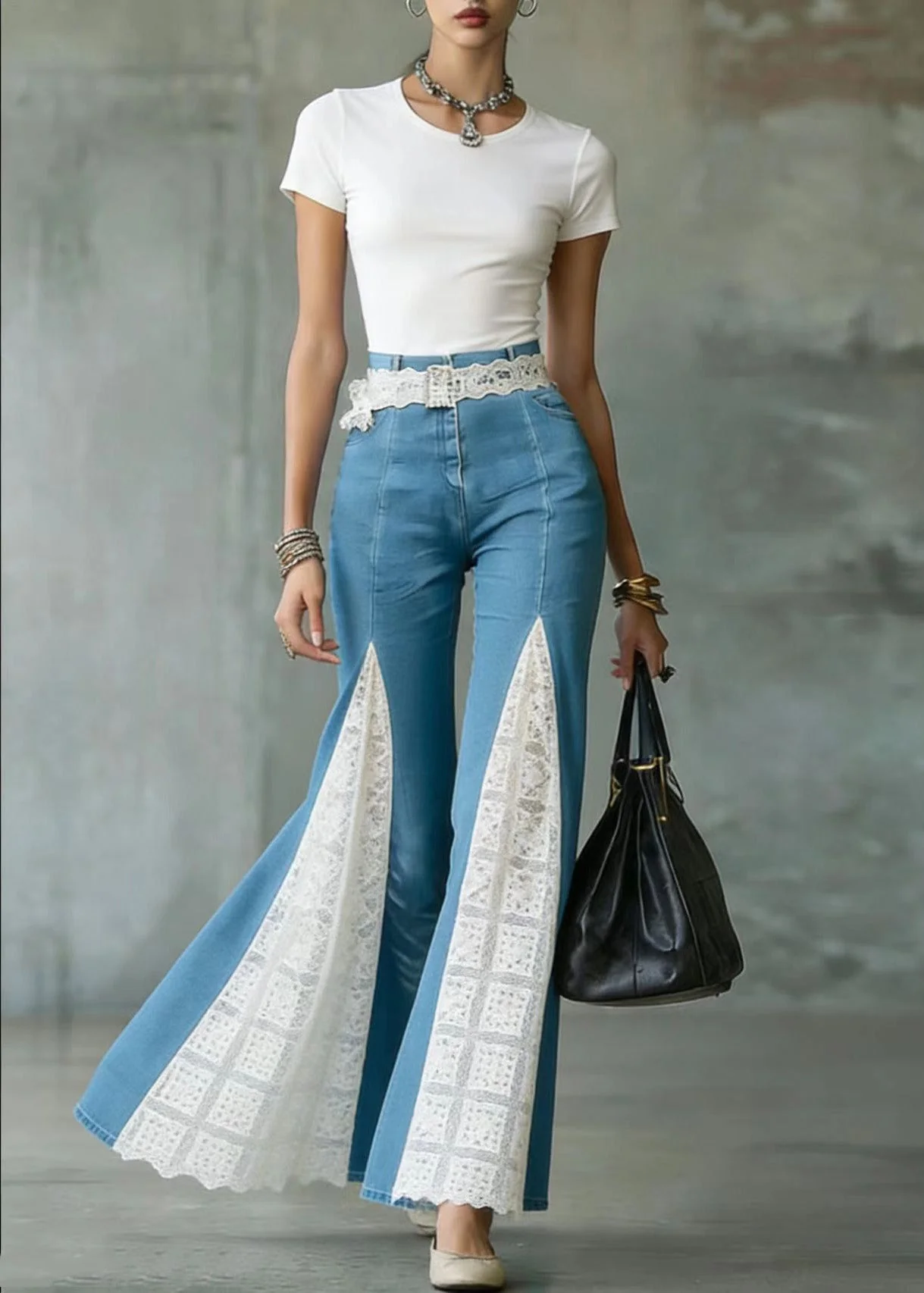 French Blue Lace Patchwork Denim Flared Trousers Spring - Image 3