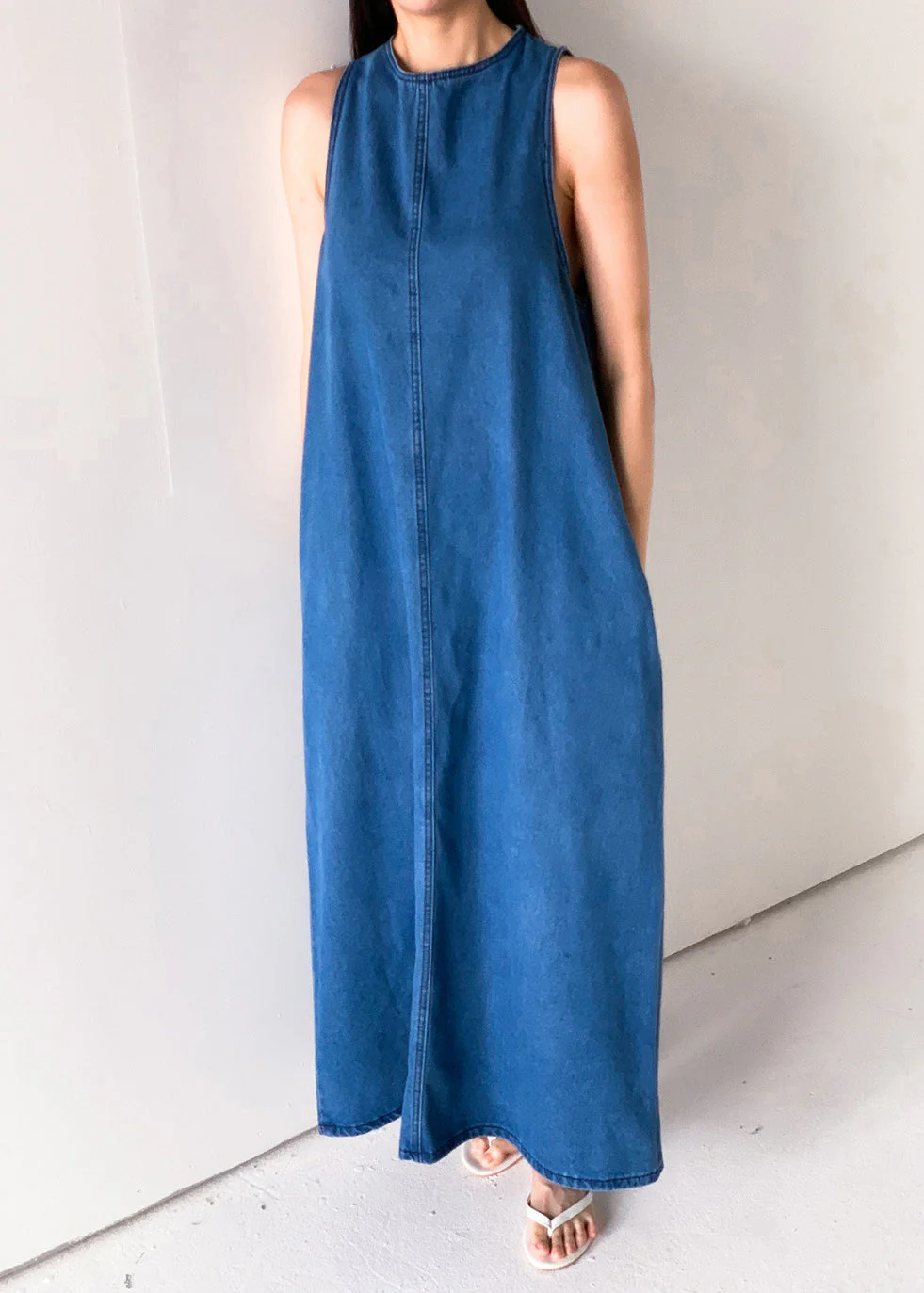 French Blue Lace Up Pockets Denim Long Dresses Sleeveless - Image 3
