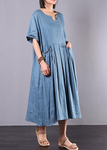 French blue linen clothes For Women big hem A Line summer Dress - Image 3